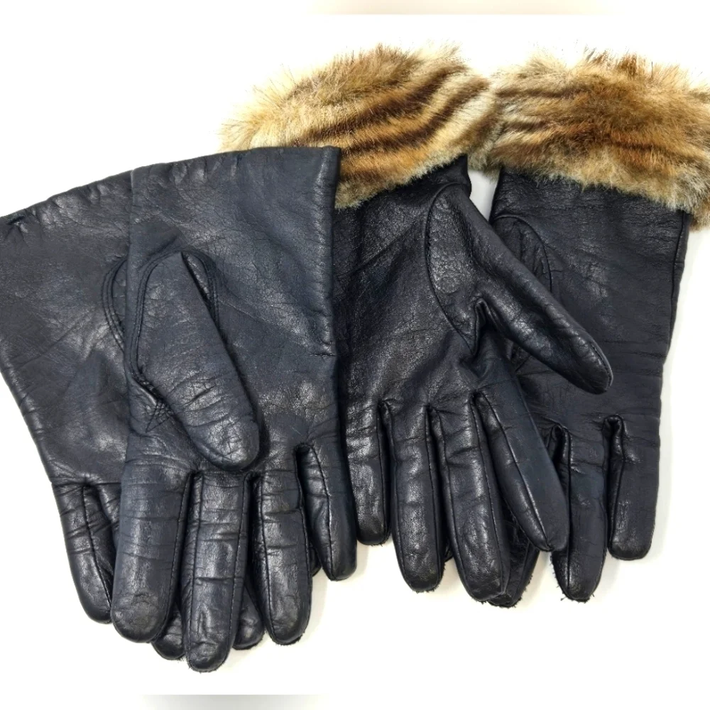 VINTAGE BLACK LEATHER GLOVES SET OF 2 GATES FLEECE LINED FAUX FUR TRIM WOMEN OS